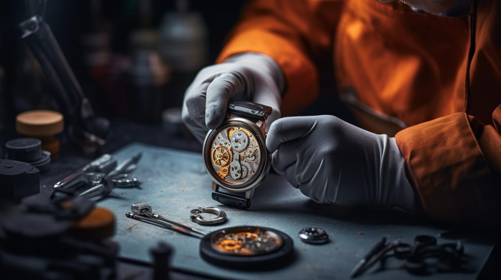 Mani guantate che tengono un orologio meccanico con il movimento a vista